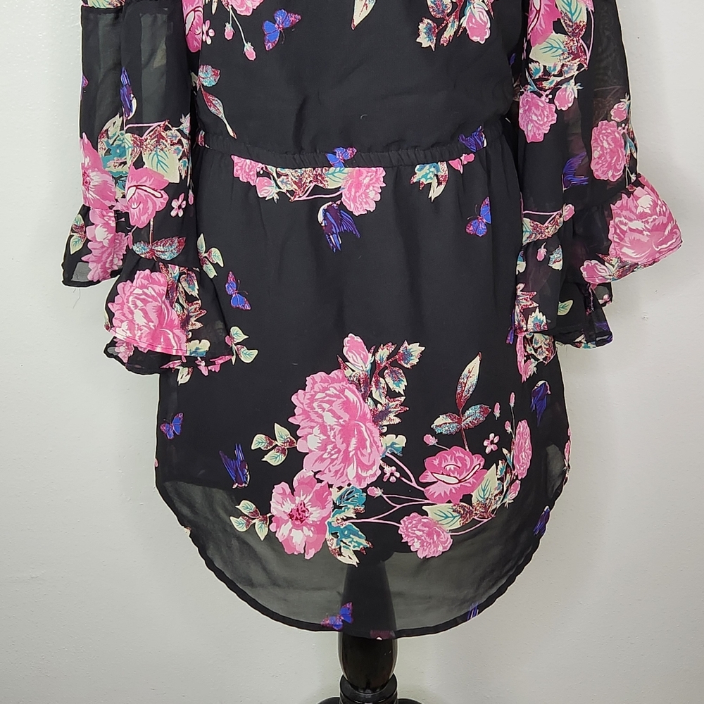 Hint Of Blush Black & Pink Floral Off The Shoulder Mini Dress Size Medium - Picture 4 of 12